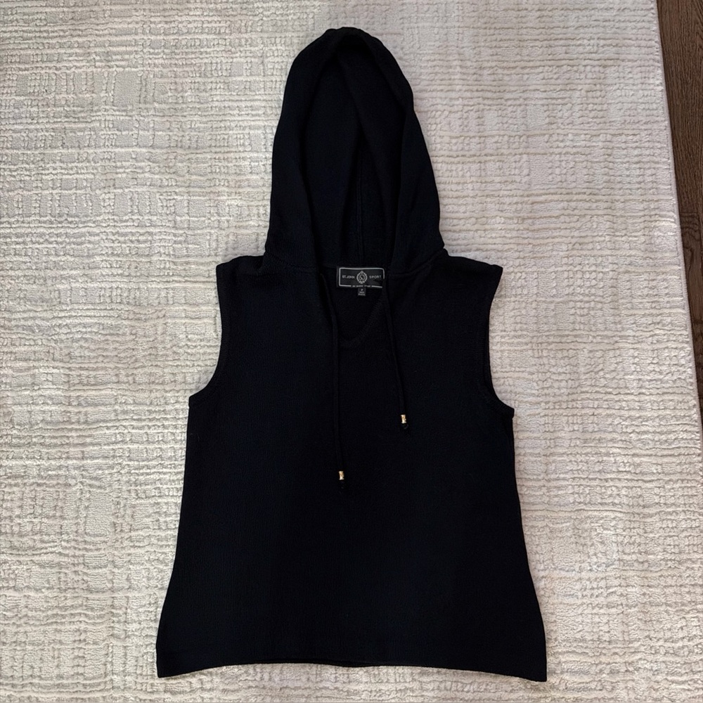 St. John Sport Sleeveless Knit Black Hooded Sweater - Size Petite Small